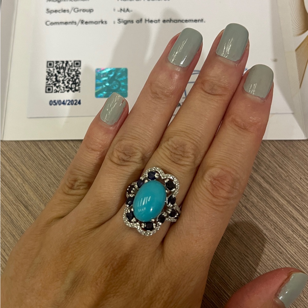 Natural turquoise. Sapphire and diamond ring size 5, brand new